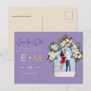 Carte Postale Mariage Photo Enregistrer la Date Fleur Violet Or
