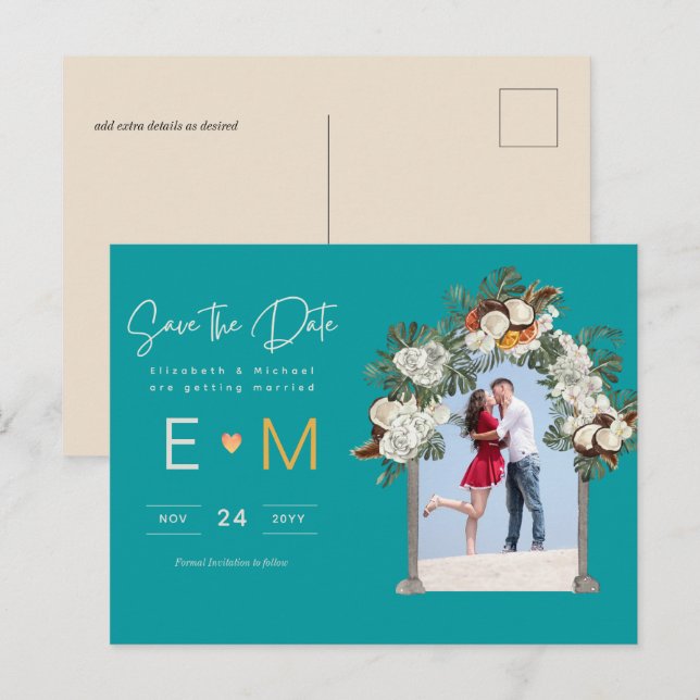 Carte Postale Mariage photo Enregistrer la date Turquoise Turquo (Devant / Derrière)