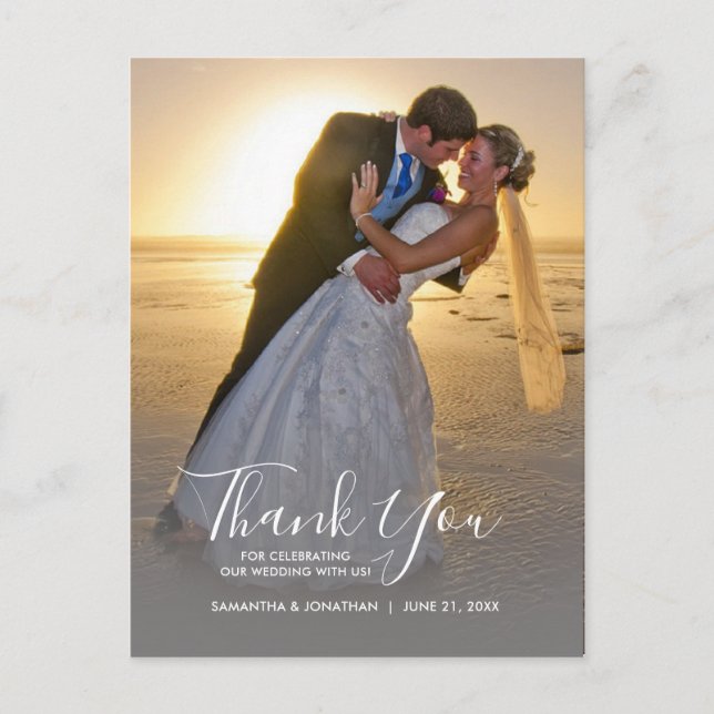 Carte Postale Mariage photo et calligraphie verticale Merci (Devant)