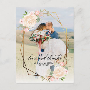 Carte Postale Mariage photo Gold Geo Frame Peach Photo Merci