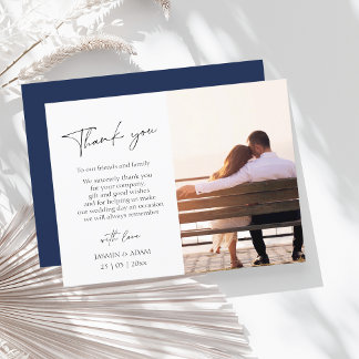 Carte Postale Mariage photo Merci simple bleu marine