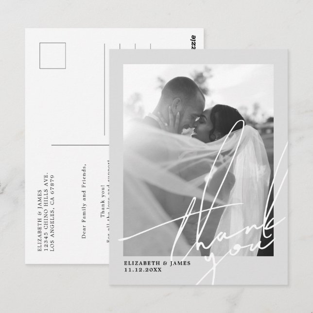 Carte Postale Mariage photo noir et blanc Merci (Devant / Derrière)