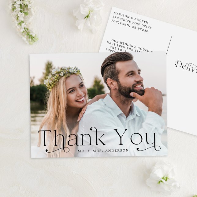 Carte Postale Mariage photo noir simple et élégant Merci (Créateur téléchargé)
