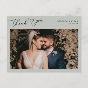 Carte Postale Mariage photo rustique Sage Script Merci