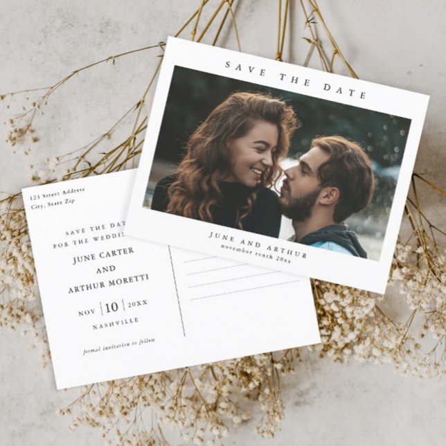 Carte Postale Mariage photo simple Enregistrer la date (Simple typographic photo wedding save the date postcard.)