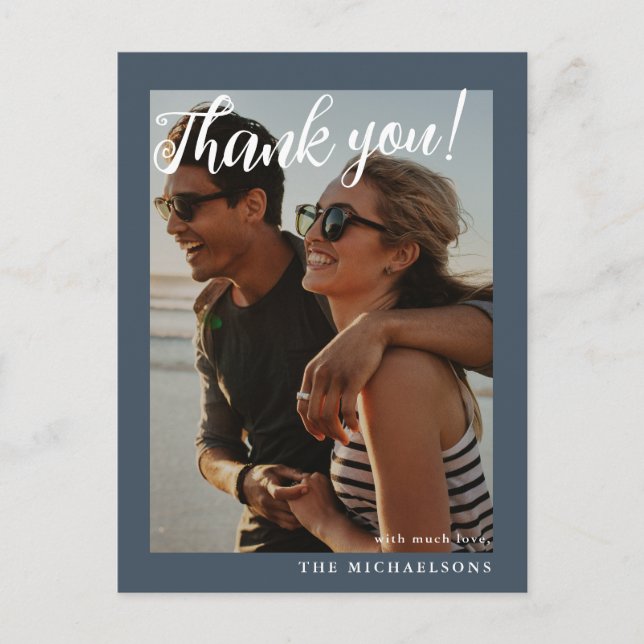 Carte Postale Mariage photo simple Merci bleu (Devant)