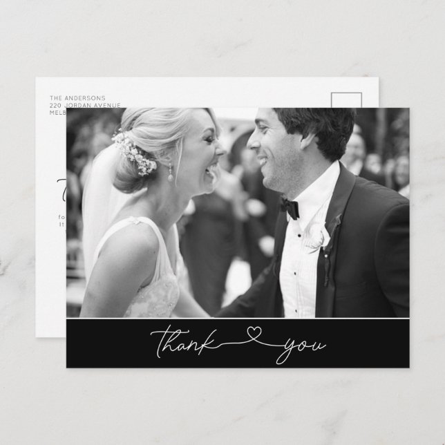 Carte Postale Mariage photo simple Merci Heart Script (Devant / Derrière)