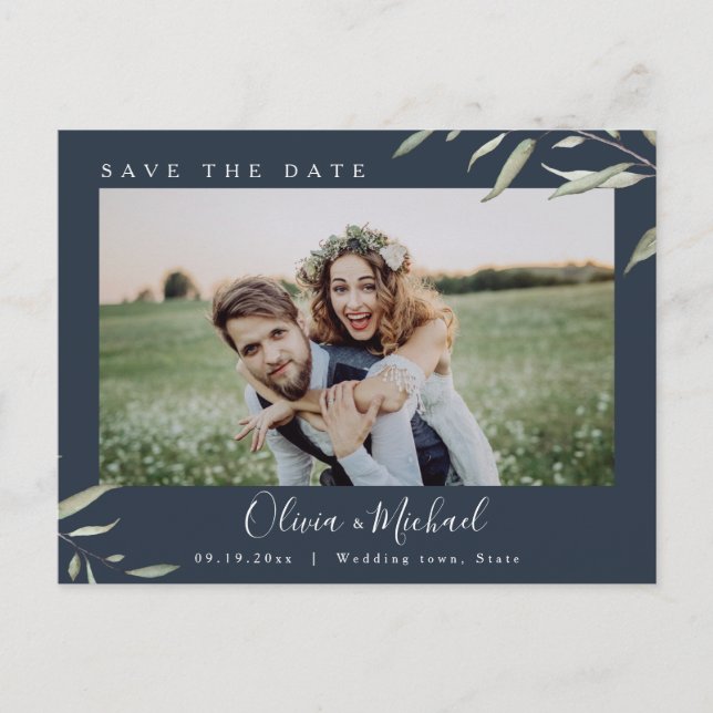 Carte Postale Mariage photo vert minimal enregistrer la date (Devant)