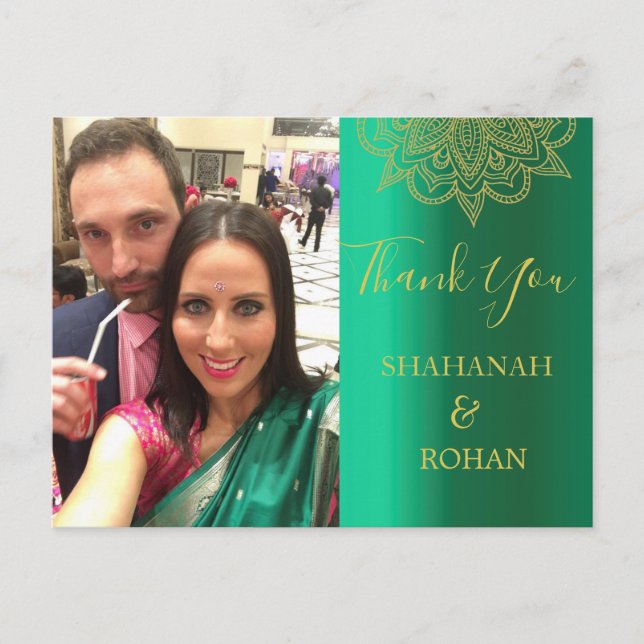 Carte Postale Mariage Photo Vert or Indien style Merci (Devant)