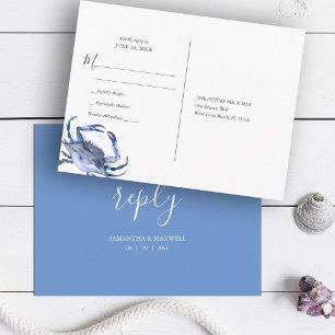 Carte Postale Mariage plage Crabe bleu aquarelle RSVP