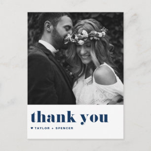 Carte Postale Mariage Remerciement Typographie Rétro Gras Bleu M