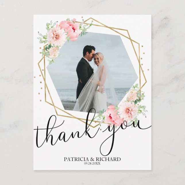 Carte Postale Mariage Remerciements Blush Floral Or Foil Géométr (Devant)