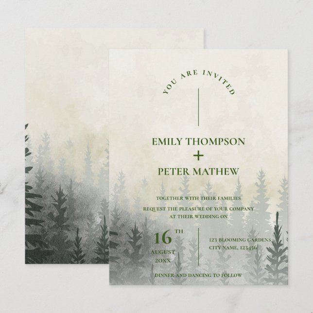 Carte Postale Mariage romantique Misty Forest Aquarelle Arbres (Devant / Derrière)
