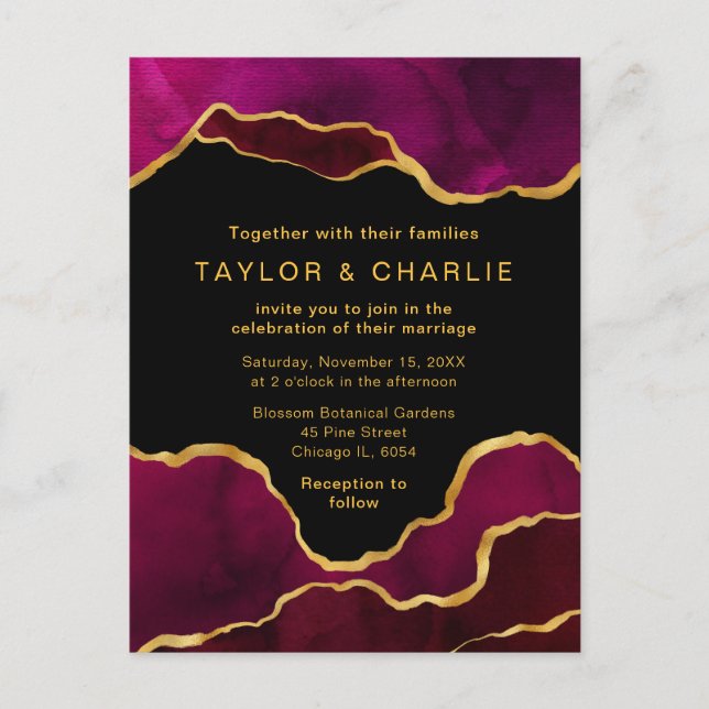 Carte postale Mariage rose et or peint en agate (Devant)