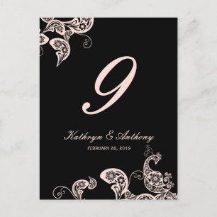 Carte Postale Mariage rose Peacock Floral Paisley Numéro de tabl