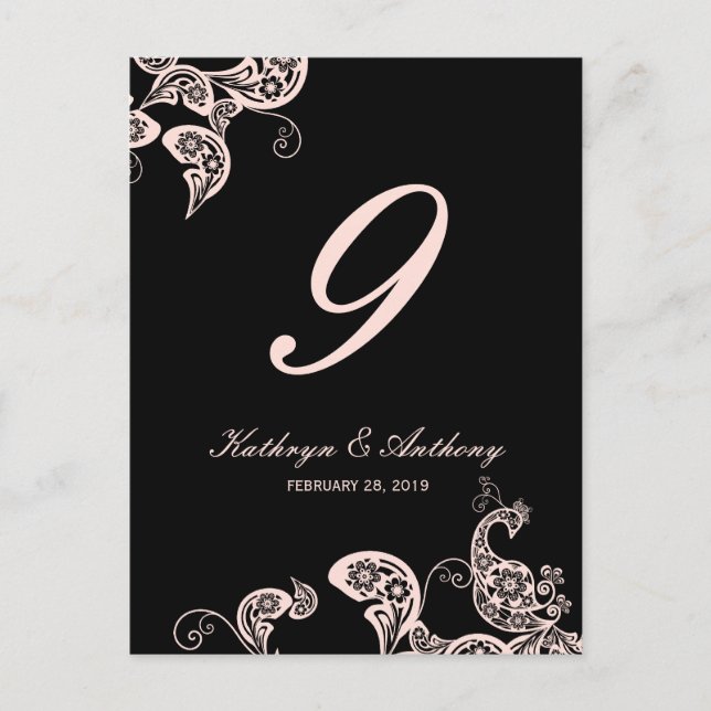 Carte Postale Mariage rose Peacock Floral Paisley Numéro de tabl (Devant)