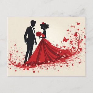 Carte Postale Mariage Rouge Romantique Silhouette de la Mariée e