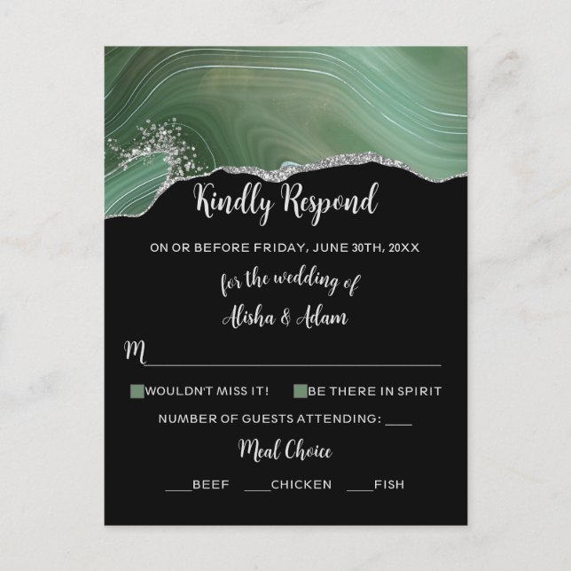 Carte Postale Mariage RSVP Agate vert Parties scintillant en arg (Devant)