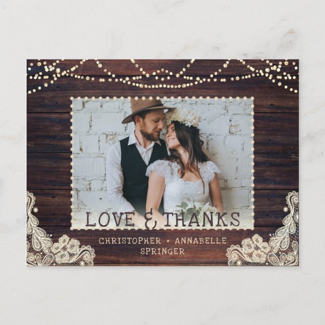 Carte Postale Mariage Rustique Bois Chaîne Lumières Merci photo (Devant)