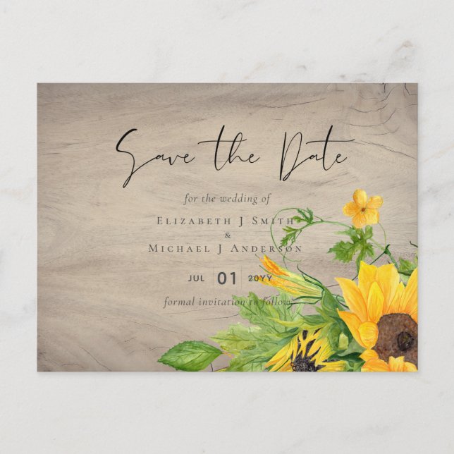 Carte Postale Mariage rustique de Tournesol en bois Enregistrer  (Devant)