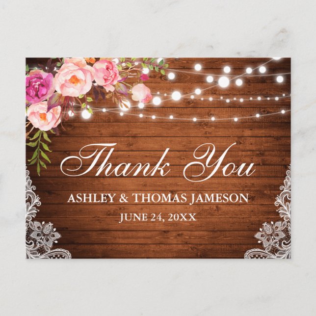 Carte Postale Mariage rustique en bois Lumières florales roses d (Devant)