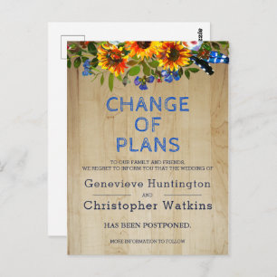 Carte Postale Mariage Rustique Floral Grange Bois Reporté Annule