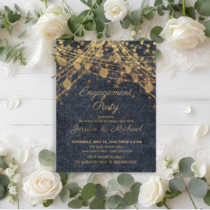 Carte Postale Mariage Rustique Glamour Bleu Or Guirlande Lumineu