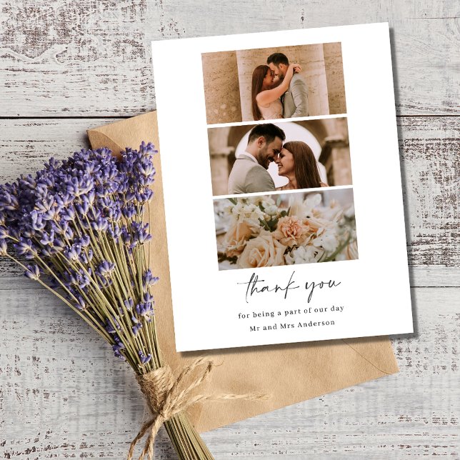 Carte Postale Mariage simple à trois photos Merci vide (Simple Three Photo Wedding Blank Thank You Postcard)