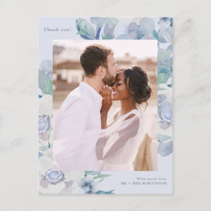 Carte Postale Mariage simple bleu floral une photo  Merci