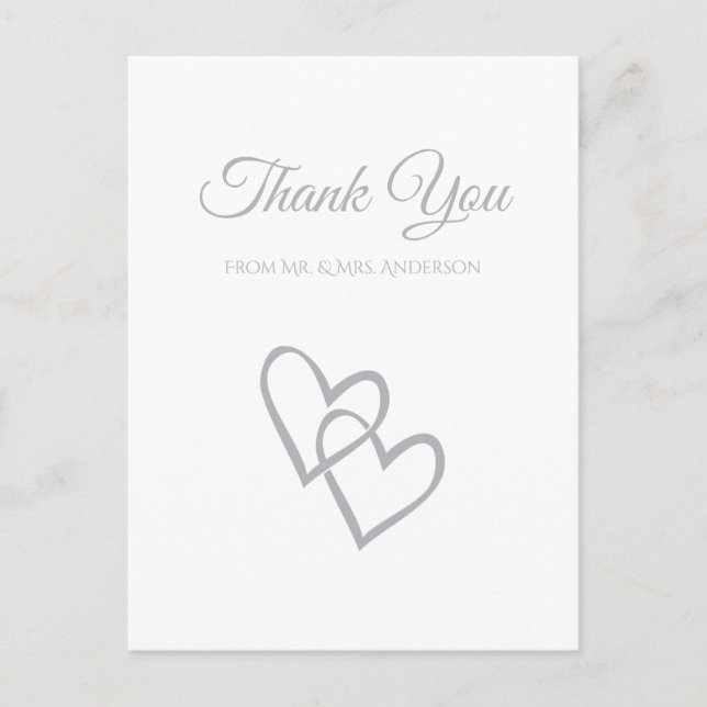 Carte Postale Mariage simple double coeur gris Merci (Devant)