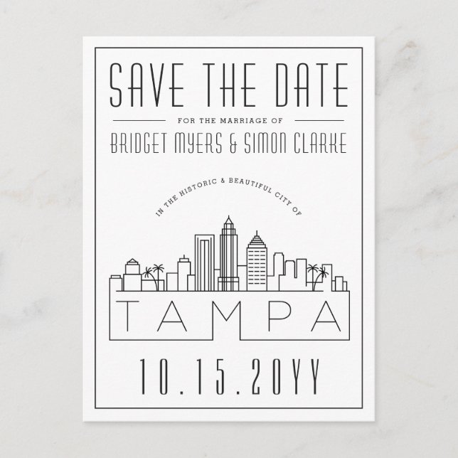 Carte Postale Mariage Tampa | Skyline stylisée Enregistrer la da (Devant)
