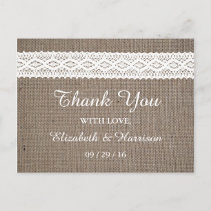 Carte Postale Mariage Toile de Jute et Dentelle Blanche Vintage