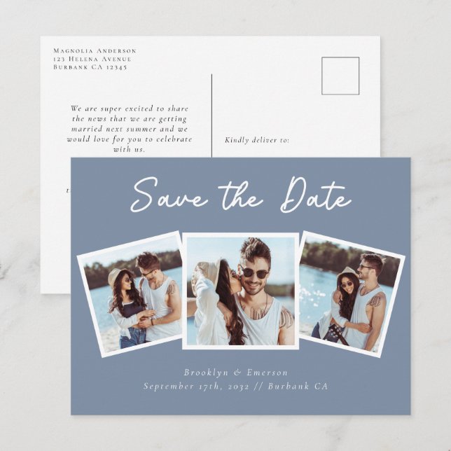 Carte Postale Mariage Trois Photo Moderne Sauvez La Date (Devant / Derrière)