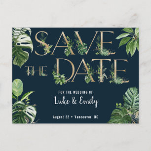 Carte Postale Mariage tropical Gold & Navy Enregistrer la date