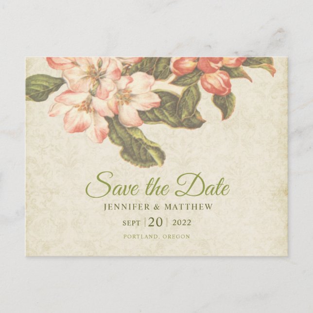 Carte Postale Mariage vintage Apple Blossom | Enregistrer la dat (Devant)