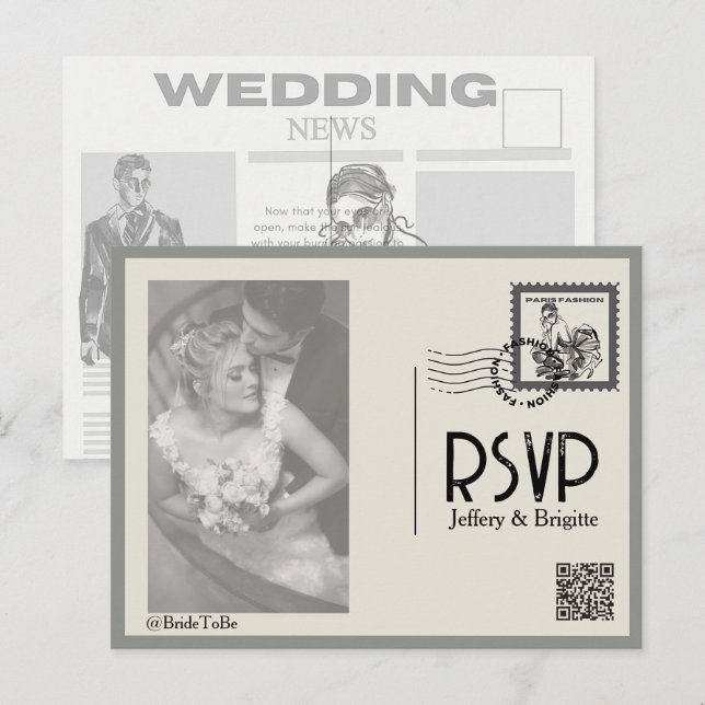 Carte Postale mariage vintage de style journal moderne (Devant / Derrière)