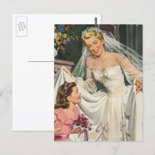 Carte Postale Mariage vintage, Mariée rétro avec Flower Girl