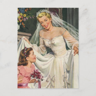 Carte Postale Mariage vintage, Mariée rétro avec Flower Girl