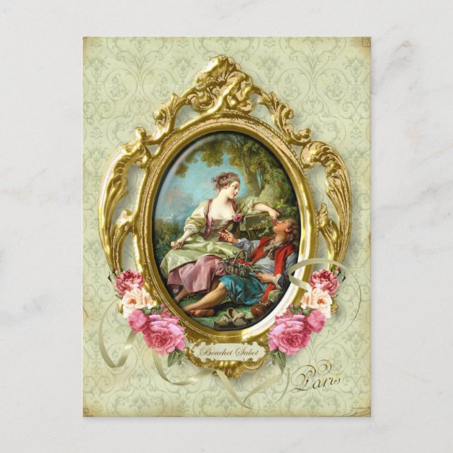 Carte Postale Marie Antoinette rococo amoureux fille garçon cart (Devant)