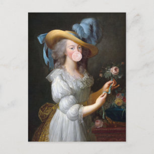 Carte Postale Marie Antoinette soufflant une gomme à bulle rose