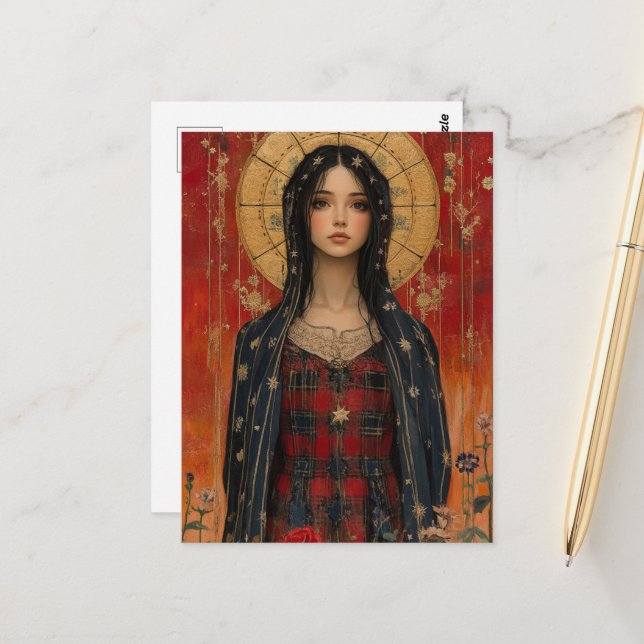 Carte Postale Marie avec fond rouge et or (Devant/Arrière en situation)