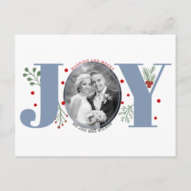 Carte Postale Marié et Joyeux bleu poussiéreux JOY photo de Noël (Devant)