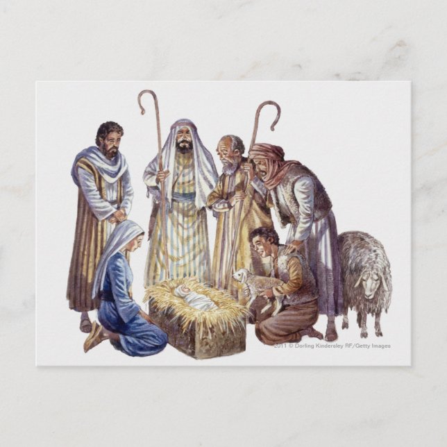 Carte Postale Marie, Joseph et bergers entourant le bébé Jésus (Devant)
