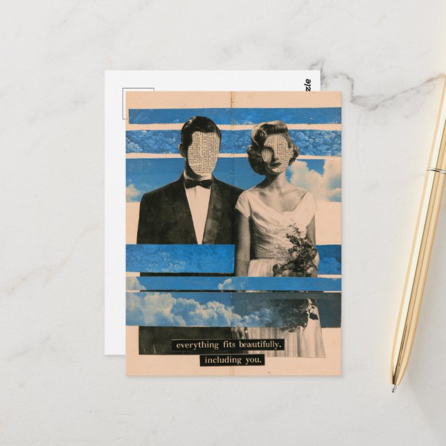 Carte Postale Mariée et marié surréalistes en collage multimédia (Devant/Arrière en situation)