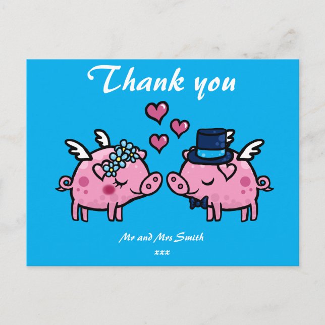 Carte Postale Mariée et mariée de cochon volant Merci (Devant)
