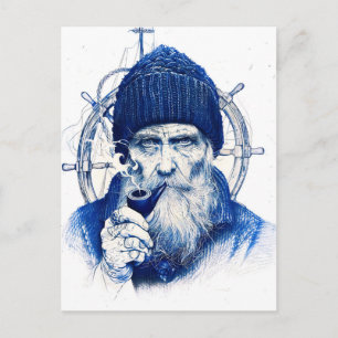 Carte Postale Marin au gouvernail de navire en bois avec pipe