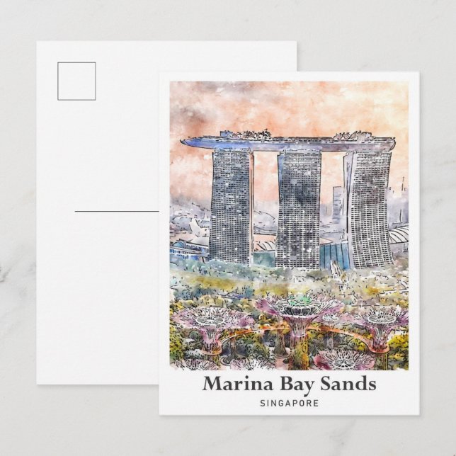 Carte Postale Marina Bay Sands Singapour Aquarelle de voyage (Devant / Derrière)