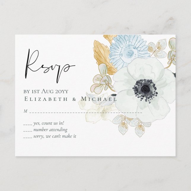 Carte Postale Marine Blanc or Floral Mariage Budget RSVP (Devant)