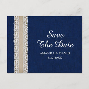 Carte Postale Marine Bleu Burlap Dentelle Mariage Enregistrer La