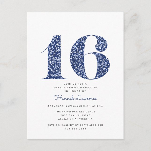 Carte Postale Marine bleu Floral Sweet 16 Anniversaire Invitatio (Devant)